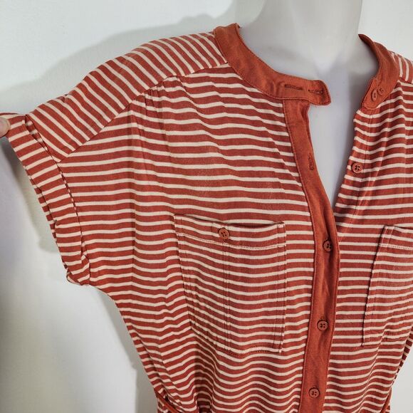 Fossil Womens Mini Dress Small Button Up Orange Striped Tie Waist Short Sleeve - Picture 4 of 9